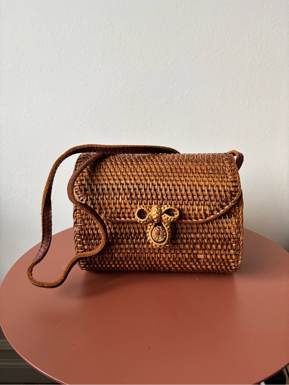 Bali Handwoven Brown Rattan Crossbody Bag with Leather Strap - Picture 2 of 8